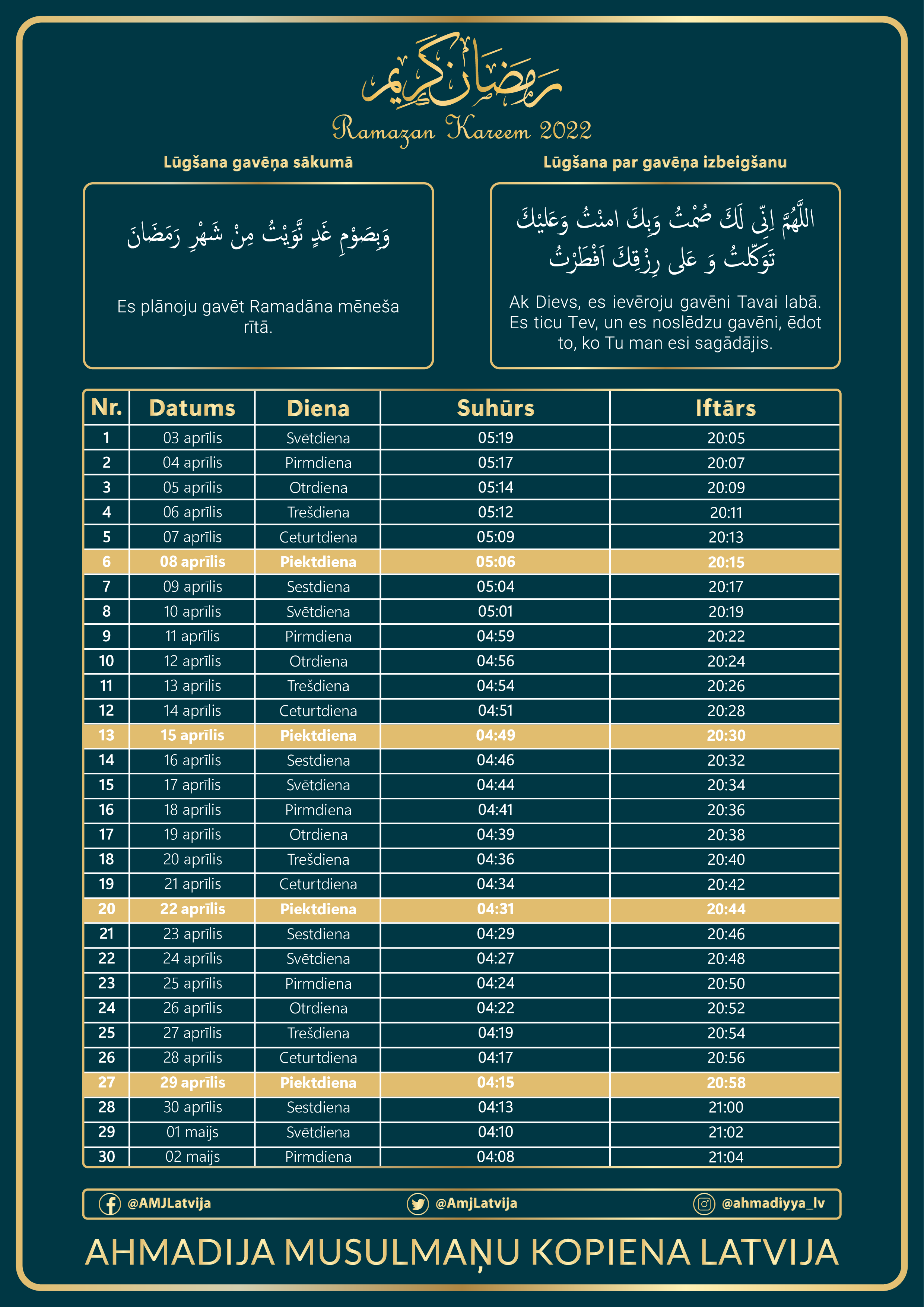 Ramazāna kalendārs Rīgai